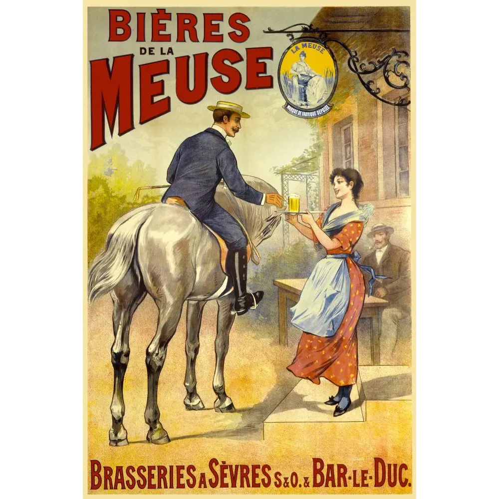 Affiche pub vintage Bières de la Meuse cavalier cheval serveuse verre doré brasseries Sèvres Bar-le-Duc Affiche pub vintage Bières de la Meuse cavalier cheval serveuse verre doré brasseries Sèvres Bar-le-Duc