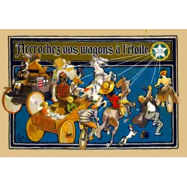 Affiche pub vintage Royal Union Mutual Life Insurance cavalcade personnages étoile slogan français fin XIXe siècle