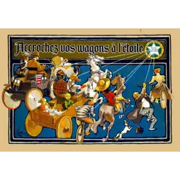 Affiche pub vintage Royal Union Mutual Life Insurance cavalcade personnages étoile slogan français fin XIXe siècle