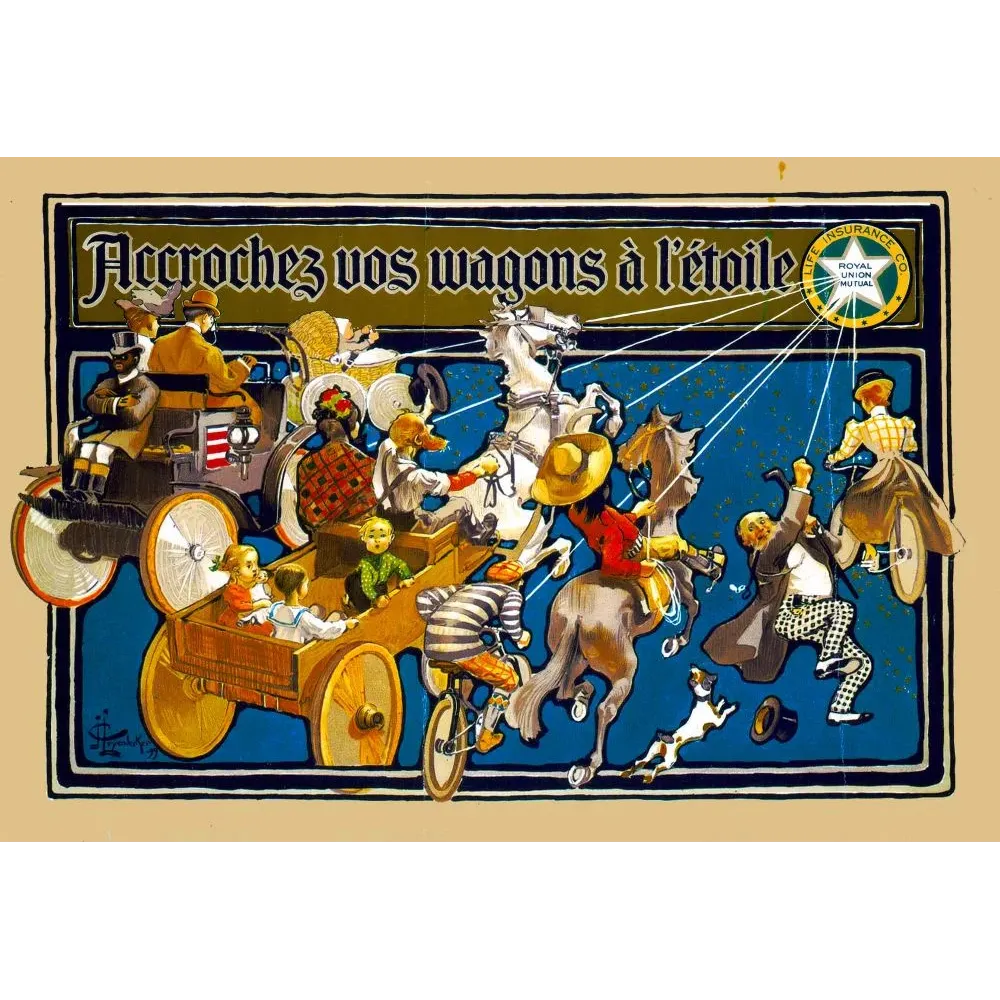 Affiche pub vintage Royal Union Mutual Life Insurance cavalcade personnages étoile slogan français fin XIXe siècle Affiche pub vintage Royal Union Mutual Life Insurance cavalcade personnages étoile slogan français fin XIXe siècle