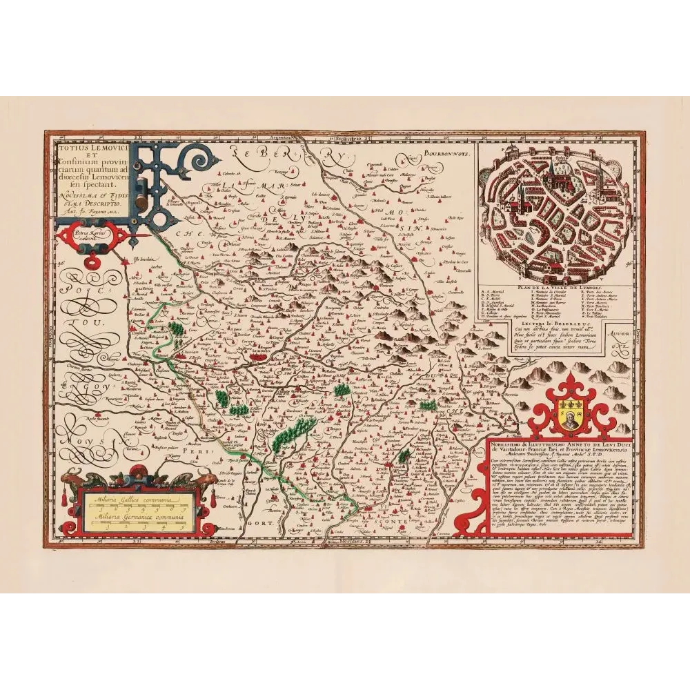 Carte ancienne Limousin plan ville Limoges XVIe XVIIe siècle latin villages rivières cartouche dédicace Carte ancienne Limousin plan ville Limoges XVIe XVIIe siècle latin villages rivières cartouche dédicace