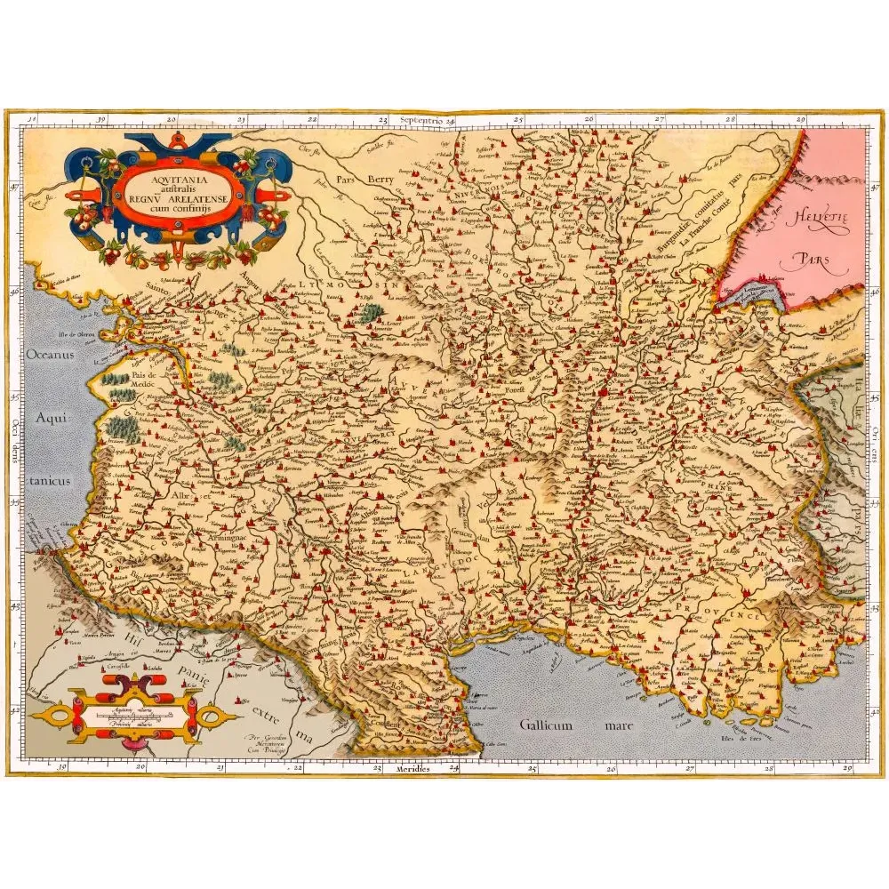 Carte ancienne Aquitaine sud France XVIe siècle provinces Gascogne Languedoc Provence cartouche ornemental latin Carte ancienne Aquitaine sud France XVIe siècle provinces Gascogne Languedoc Provence cartouche ornemental latin