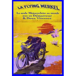 Affiche pub vintage motocyclette Flying Merkel désert américain soleil rouge motocycliste aventurier années 1910