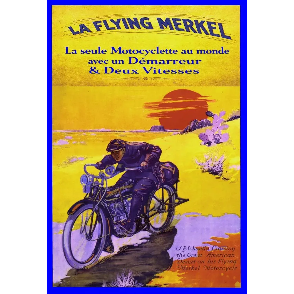 Affiche pub vintage motocyclette Flying Merkel désert américain soleil rouge motocycliste aventurier années 1910 Affiche pub vintage motocyclette Flying Merkel désert américain soleil rouge motocycliste aventurier années 1910