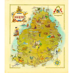 Carte illustrée île Maurice années 1950 dodo canne à sucre Port-Louis voiliers scènes locales blason