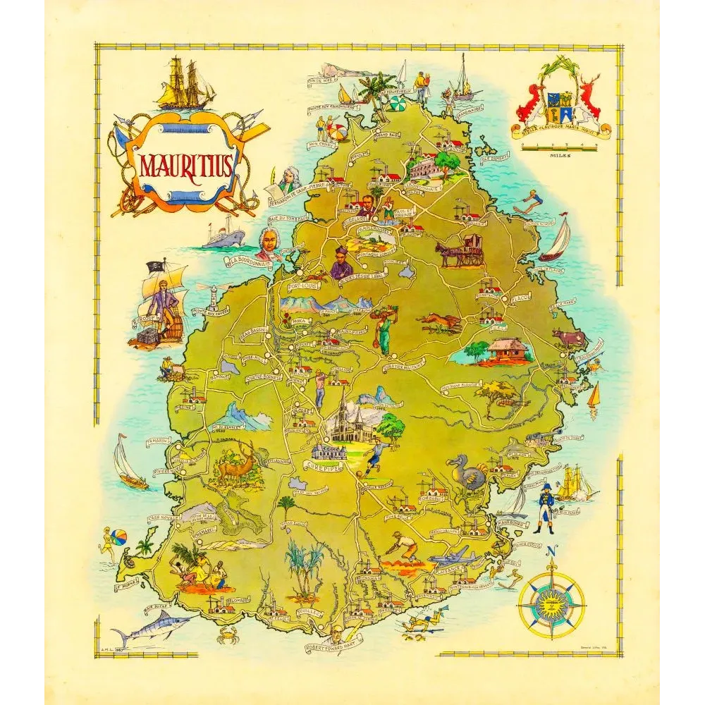 Carte illustrée île Maurice années 1950 dodo canne à sucre Port-Louis voiliers scènes locales blason Carte illustrée île Maurice années 1950 dodo canne à sucre Port-Louis voiliers scènes locales blason