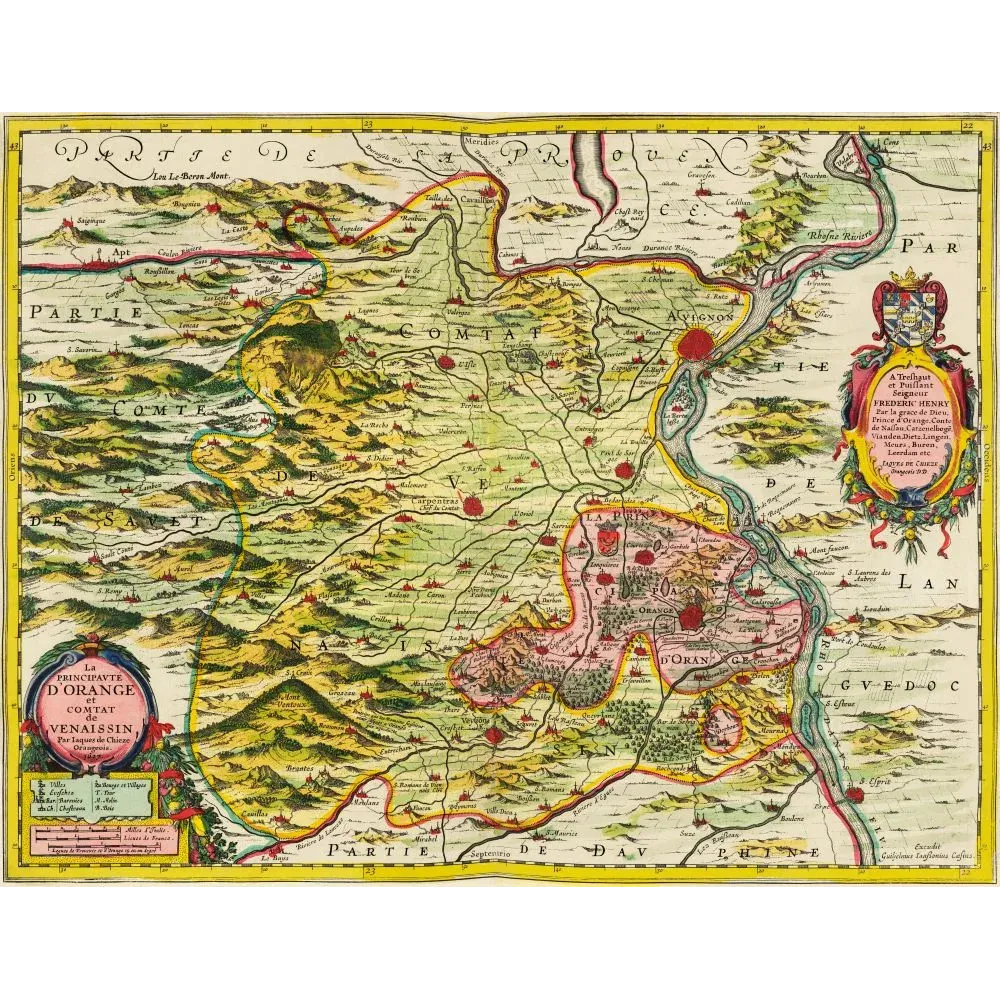 Carte ancienne Principauté Orange Comtat Venaissin XVIIe siècle cartouche héraldique Nassau Avignon Rhône Carte ancienne Principauté Orange Comtat Venaissin XVIIe siècle cartouche héraldique Nassau Avignon Rhône