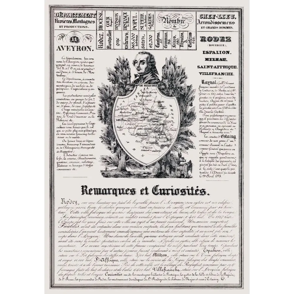 Document ancien département Aveyron XIXe siècle carte gravée Rodez Roquefort Millau curiosités portrait