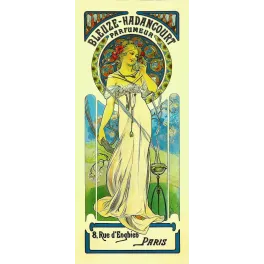 Affiche pub vintage parfumeur Bleuze-Hadancourt Paris Art Nouveau femme robe blanche vitrail floral