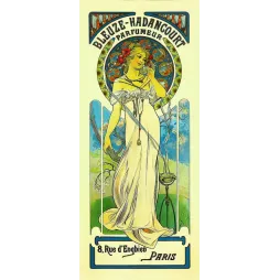 Affiche pub vintage parfumeur Bleuze-Hadancourt Paris Art Nouveau femme robe blanche vitrail floral