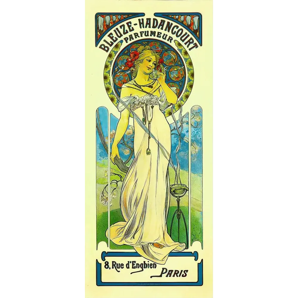 Affiche pub vintage parfumeur Bleuze-Hadancourt Paris Art Nouveau femme robe blanche vitrail floral Affiche pub vintage parfumeur Bleuze-Hadancourt Paris Art Nouveau femme robe blanche vitrail floral