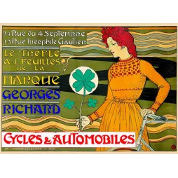Affiche pub vintage cycles automobiles Georges Richard Paris femme rousse trèfle quatre feuilles Art Nouveau