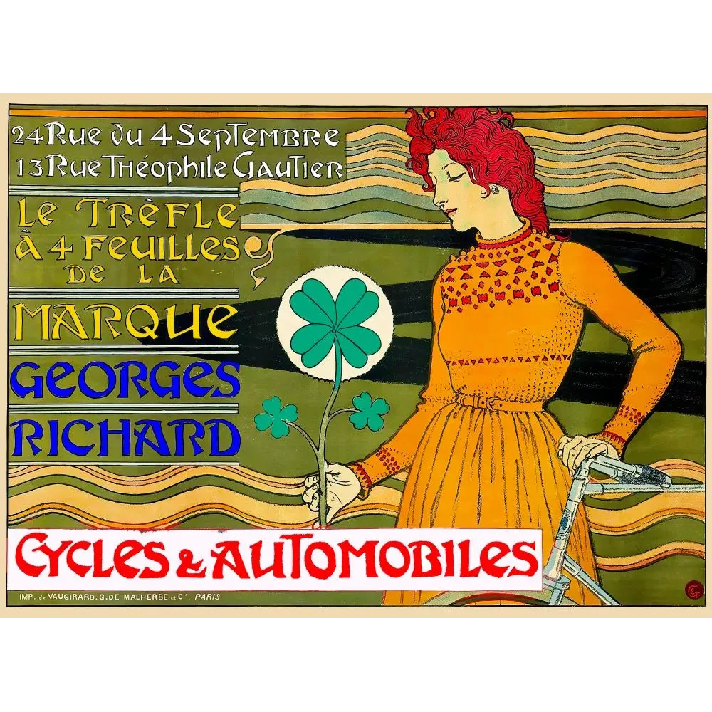 Affiche pub vintage cycles automobiles Georges Richard Paris femme rousse trèfle quatre feuilles Art Nouveau Affiche pub vintage cycles automobiles Georges Richard Paris femme rousse trèfle quatre feuilles Art Nouveau