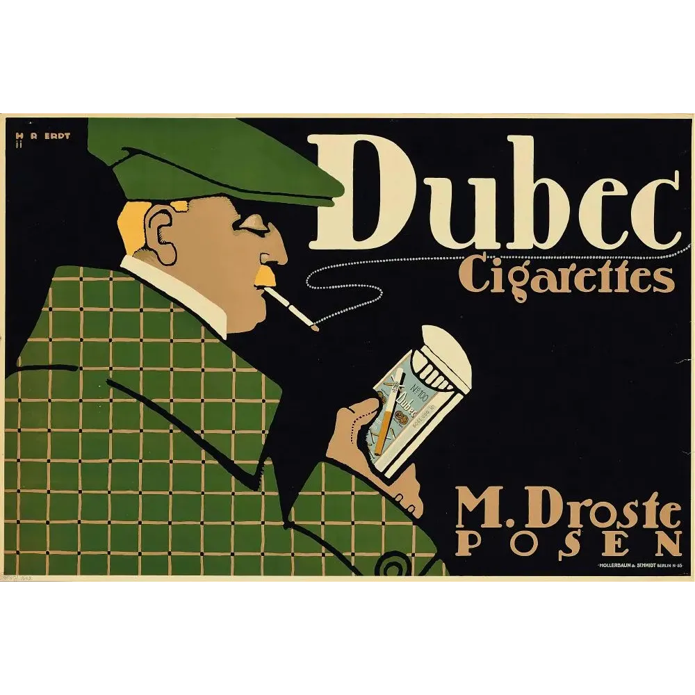 Affiche pub vintage cigarettes Dubec Posen Berlin 1910 Plakatstil homme profil casquette verte manteau carreaux Affiche pub vintage cigarettes Dubec Posen Berlin 1910 Plakatstil homme profil casquette verte manteau carreaux