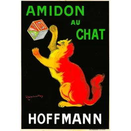 Affiche pub vintage amidon au Chat Hoffmann Cappiello chat rouge jaune fond noir boîte linge