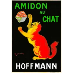 Affiche pub vintage amidon au Chat Hoffmann Cappiello chat rouge jaune fond noir boîte linge