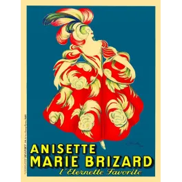 Affiche pub vintage anisette Marie Brizard Cappiello danseuse robe rouge fond bleu saphir plumes années 1920