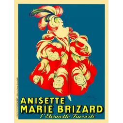 Affiche pub vintage anisette Marie Brizard Cappiello danseuse robe rouge fond bleu saphir plumes années 1920