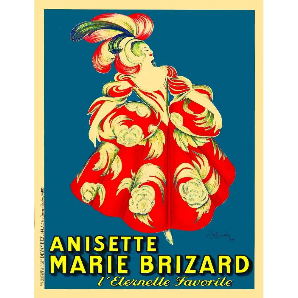 Affiche pub vintage anisette Marie Brizard Cappiello danseuse robe rouge fond bleu saphir plumes années 1920