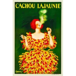 Affiche pub vintage cachou Lajaunie Cappiello femme rousse pétales jaunes rouges nuage vert fond sombre