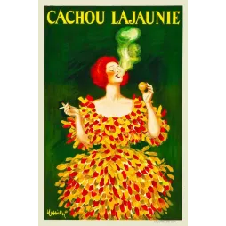 Affiche pub vintage cachou Lajaunie Cappiello femme rousse pétales jaunes rouges nuage vert fond sombre
