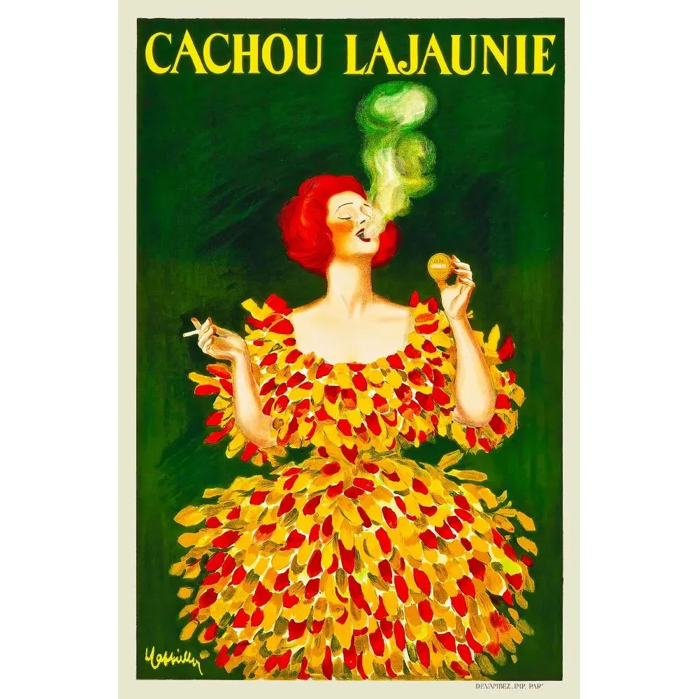 Affiche pub vintage cachou Lajaunie Cappiello femme rousse pétales jaunes rouges nuage vert fond sombre Affiche pub vintage cachou Lajaunie Cappiello femme rousse pétales jaunes rouges nuage vert fond sombre
