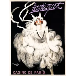 Affiche spectacle Mistinguett Casino de Paris Cappiello 1920 plumes blanches masque chat fond noir