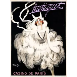 Affiche spectacle Mistinguett Casino de Paris Cappiello 1920 plumes blanches masque chat fond noir