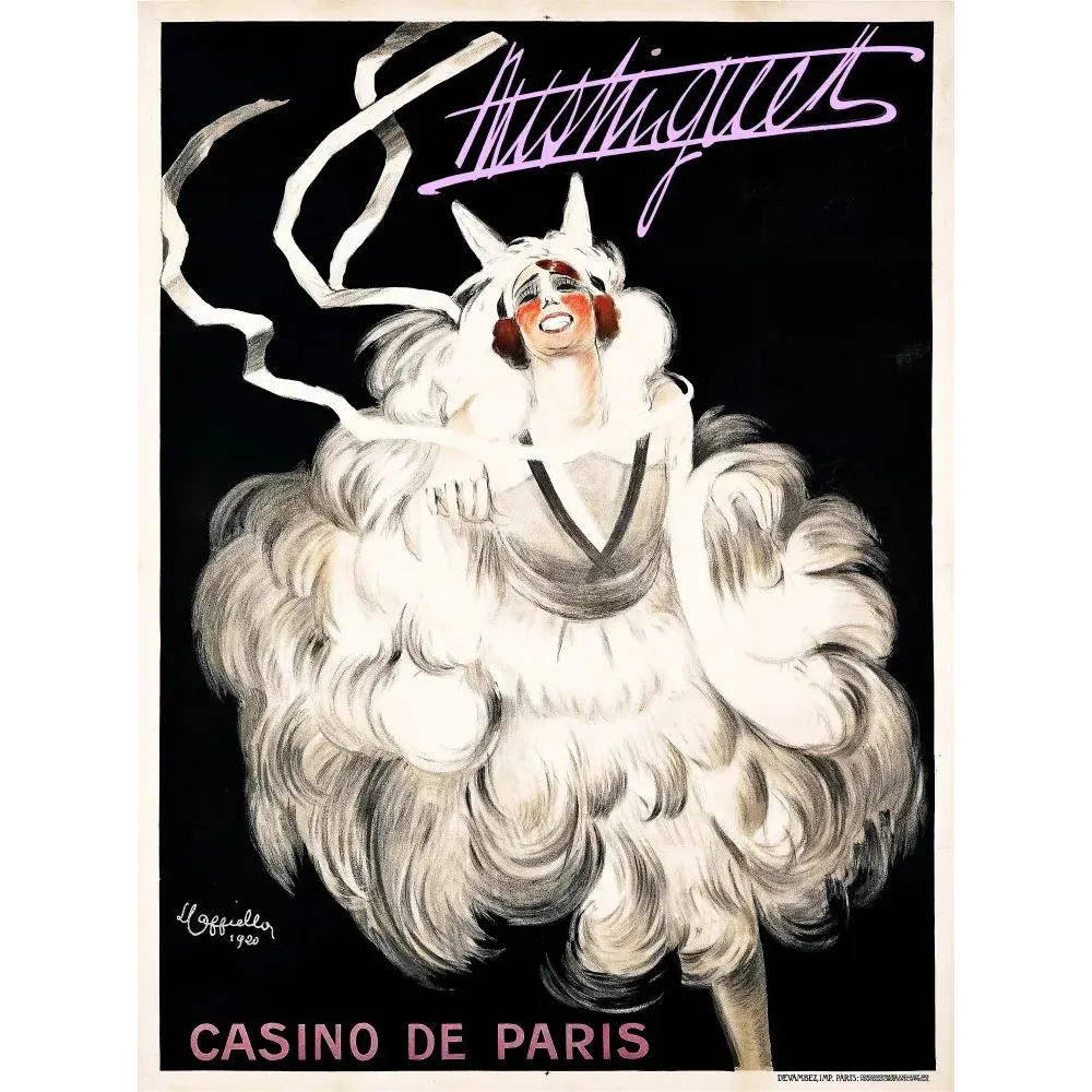 Affiche spectacle Mistinguett Casino de Paris Cappiello 1920 plumes blanches masque chat fond noir Affiche spectacle Mistinguett Casino de Paris Cappiello 1920 plumes blanches masque chat fond noir