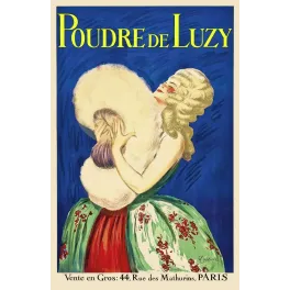 Affiche pub vintage poudre de Luzy Cappiello Paris femme blonde houppon châle vert fond bleu années 1920