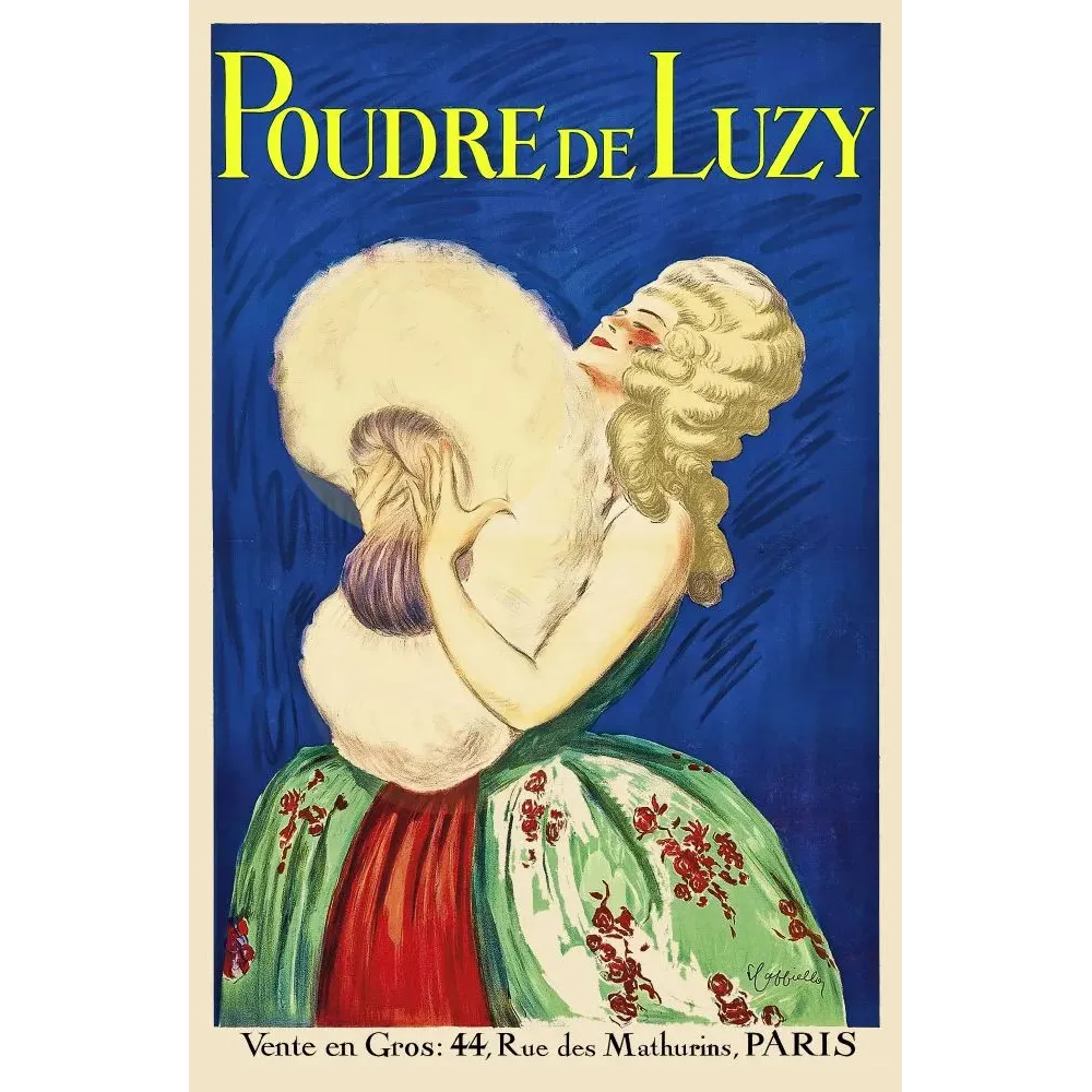Affiche pub vintage poudre de Luzy Cappiello Paris femme blonde houppon châle vert fond bleu années 1920 Affiche pub vintage poudre de Luzy Cappiello Paris femme blonde houppon châle vert fond bleu années 1920