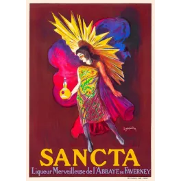 Affiche pub vintage liqueur Sancta Abbaye Faverney Cappiello figure féminine soleil rayons dorés fond violet