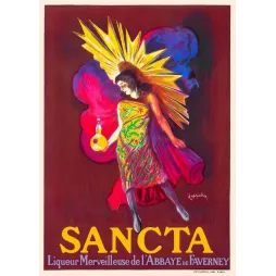 Affiche pub vintage liqueur Sancta Abbaye Faverney Cappiello figure féminine soleil rayons dorés fond violet