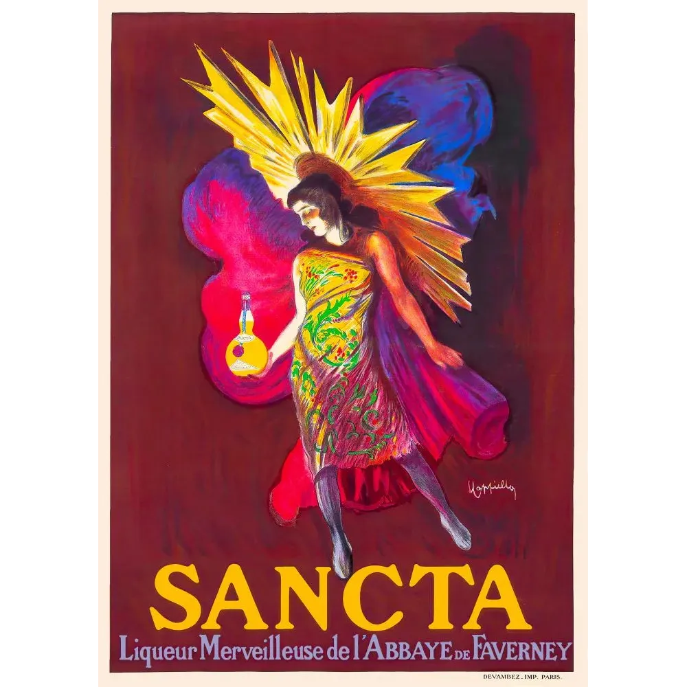 Affiche pub vintage liqueur Sancta Abbaye Faverney Cappiello figure féminine soleil rayons dorés fond violet