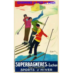 Affiche pub vintage sports d'hiver Superbagnères Luchon 1929 Cappiello skieurs colorés hôtel montagne neige