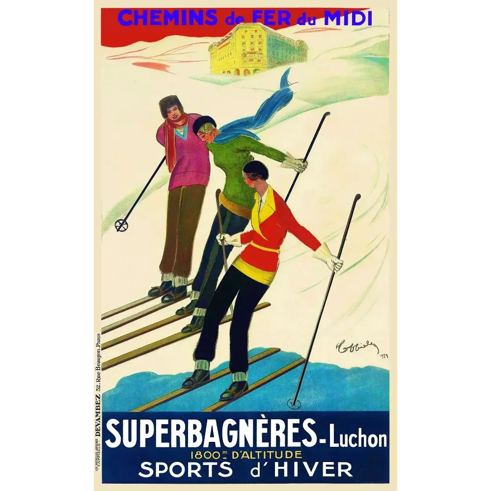 Affiche pub vintage sports d'hiver Superbagnères Luchon 1929 Cappiello skieurs colorés hôtel montagne neige Affiche pub vintage sports d'hiver Superbagnères Luchon 1929 Cappiello skieurs colorés hôtel montagne neige
