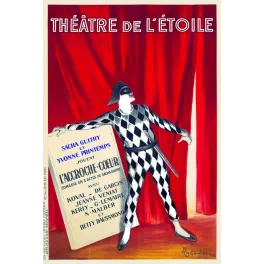 Affiche théâtre Étoile L'Accroche-Cœur Sacha Guitry Cappiello 1913 Arlequin losanges rideau rouge