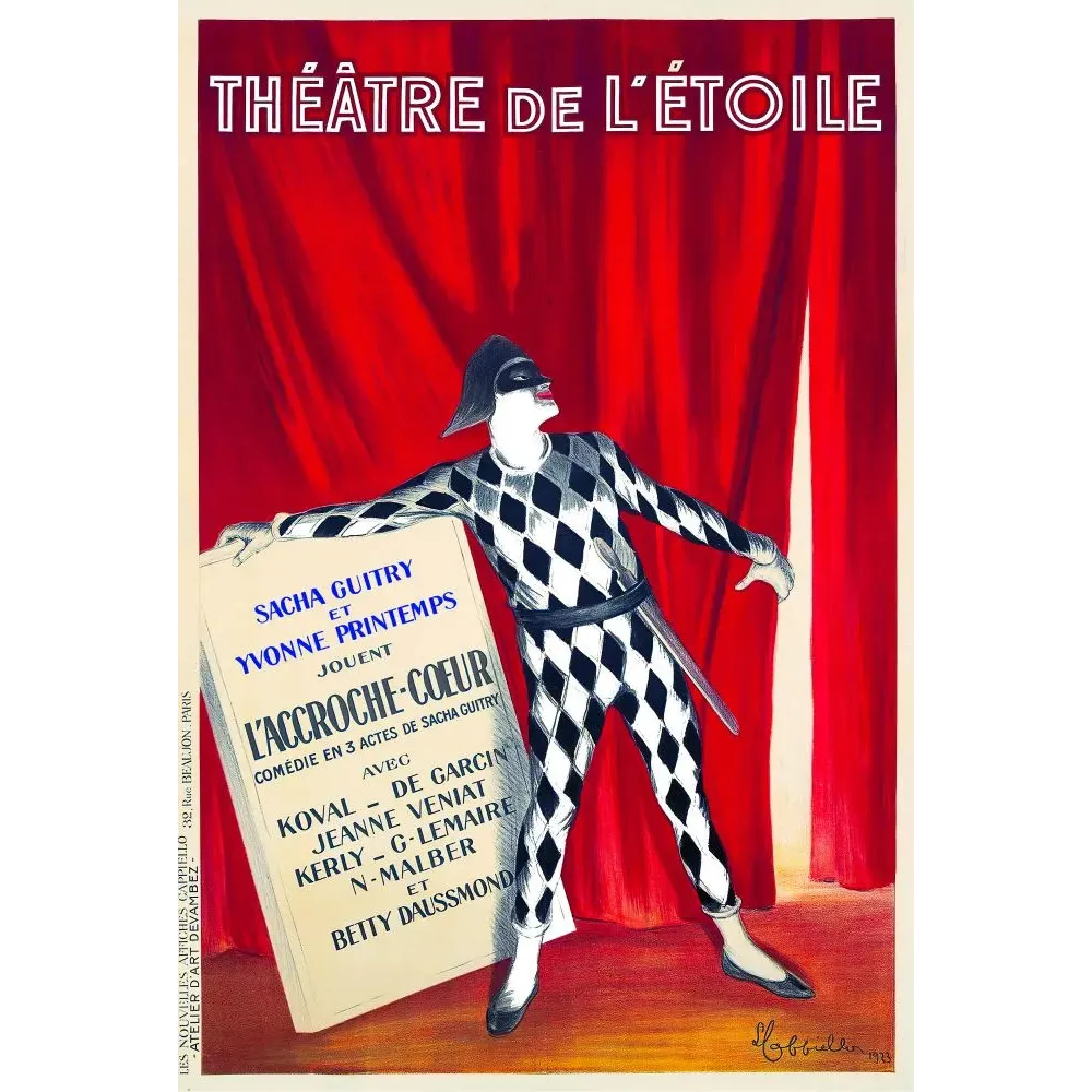 Affiche théâtre Étoile L'Accroche-Cœur Sacha Guitry Cappiello 1913 Arlequin losanges rideau rouge Affiche théâtre Étoile L'Accroche-Cœur Sacha Guitry Cappiello 1913 Arlequin losanges rideau rouge