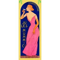 Affiche pub vintage champagne Jules Mumm Reims Art Nouveau femme robe rose coupe fond bleu