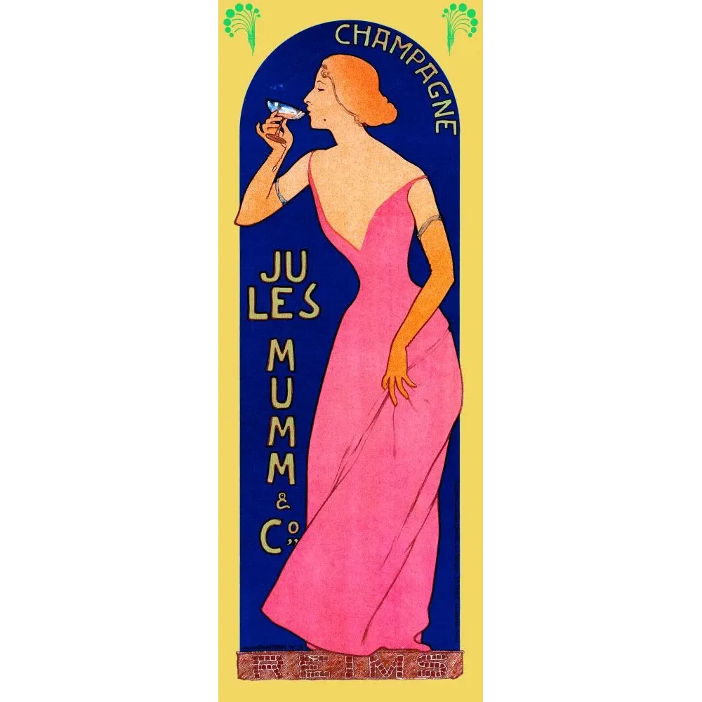 Affiche pub vintage champagne Jules Mumm Reims Art Nouveau femme robe rose coupe fond bleu Affiche pub vintage champagne Jules Mumm Reims Art Nouveau femme robe rose coupe fond bleu