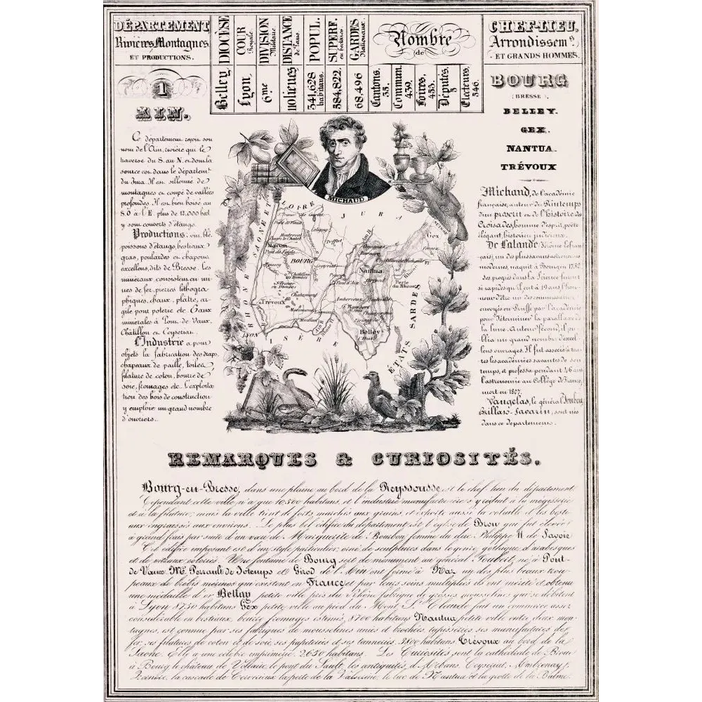 Document ancien département Ain XIXe siècle sépia carte portrait Michaud Bourg-en-Bresse curiosités statistiques Document ancien département Ain XIXe siècle sépia carte portrait Michaud Bourg-en-Bresse curiosités statistiques