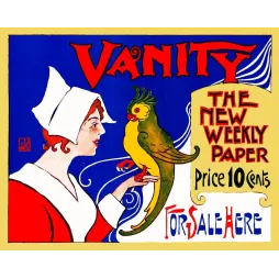 Affiche pub vintage journal Vanity Weekly Paper américain femme coiffe perroquet jaune fond bleu Art Nouveau