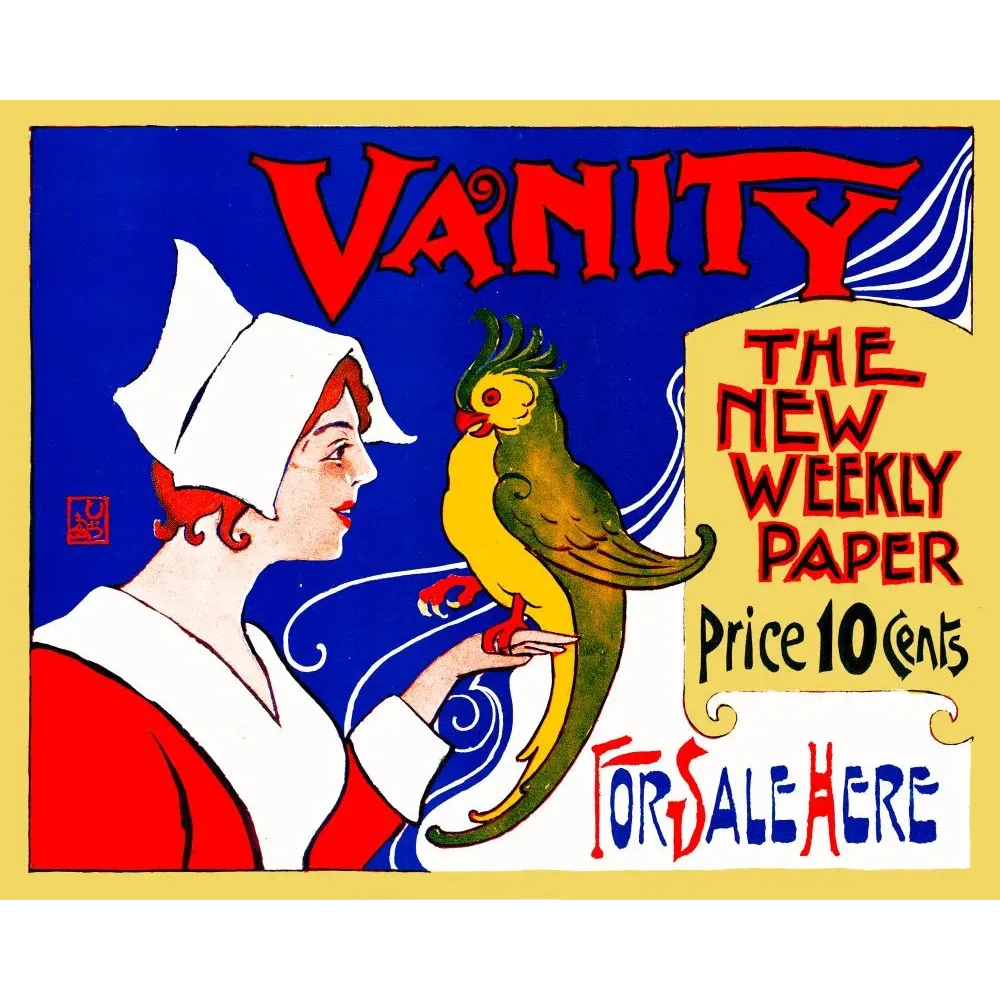 Affiche pub vintage journal Vanity Weekly Paper américain femme coiffe perroquet jaune fond bleu Art Nouveau Affiche pub vintage journal Vanity Weekly Paper américain femme coiffe perroquet jaune fond bleu Art Nouveau