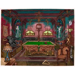 Illustration ancienne salle billard victorienne XIXe siècle table marbre bronze vitraux fauteuils luxueux