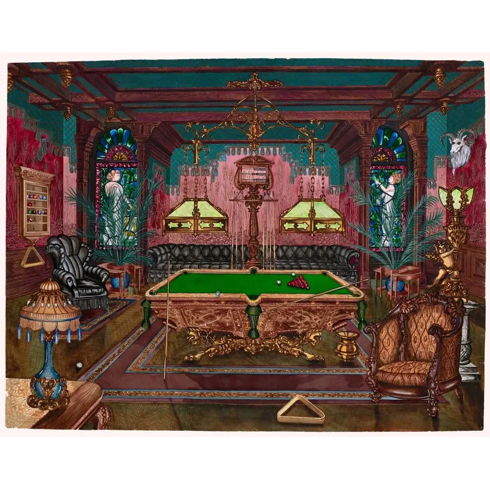 Illustration ancienne salle billard victorienne XIXe siècle table marbre bronze vitraux fauteuils luxueux Illustration ancienne salle billard victorienne XIXe siècle table marbre bronze vitraux fauteuils luxueux