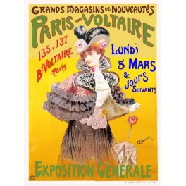Affiche pub vintage Grands Magasins Paris-Voltaire Parisienne chapeau plumes robe volants fond jaune 1900