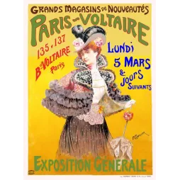 Affiche pub vintage Grands Magasins Paris-Voltaire Parisienne chapeau plumes robe volants fond jaune 1900