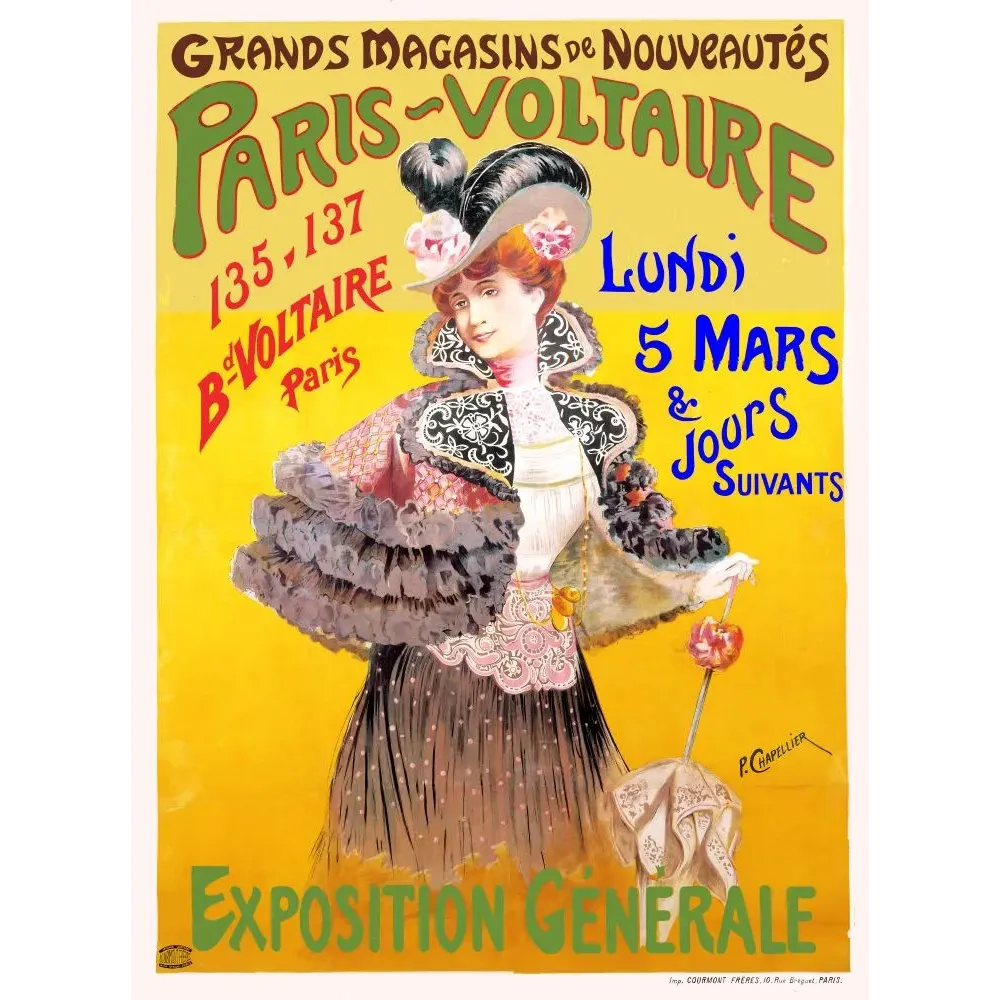 Affiche pub vintage Grands Magasins Paris-Voltaire Parisienne chapeau plumes robe volants fond jaune 1900 Affiche pub vintage Grands Magasins Paris-Voltaire Parisienne chapeau plumes robe volants fond jaune 1900