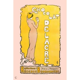 Affiche pub vintage chocolat Delacre Bruxelles Art Nouveau femme de dos robe beige fond jaune typographie verticale