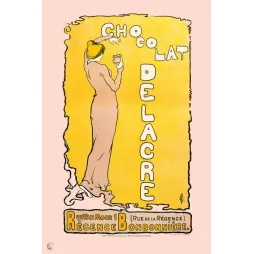 Affiche pub vintage chocolat Delacre Bruxelles Art Nouveau femme de dos robe beige fond jaune typographie verticale